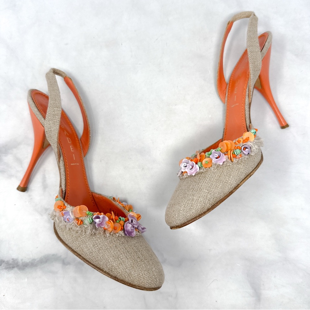 CASADEI Vintage Y2K Shell Beaded Burlap Canvas Leather Slingback Heels 2000s 8.5 - Picture 7 of 16